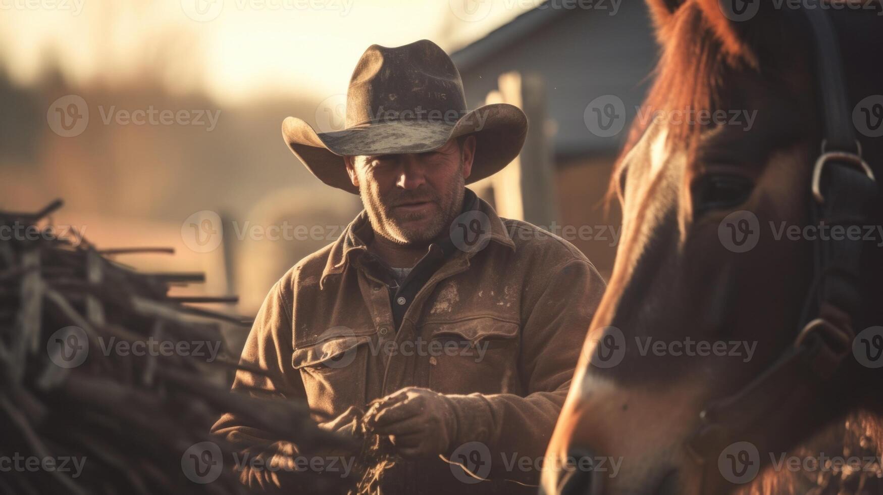 A farmer and his loyal horse working together, embodying the teamwork and partnership essential to farm life. photo
