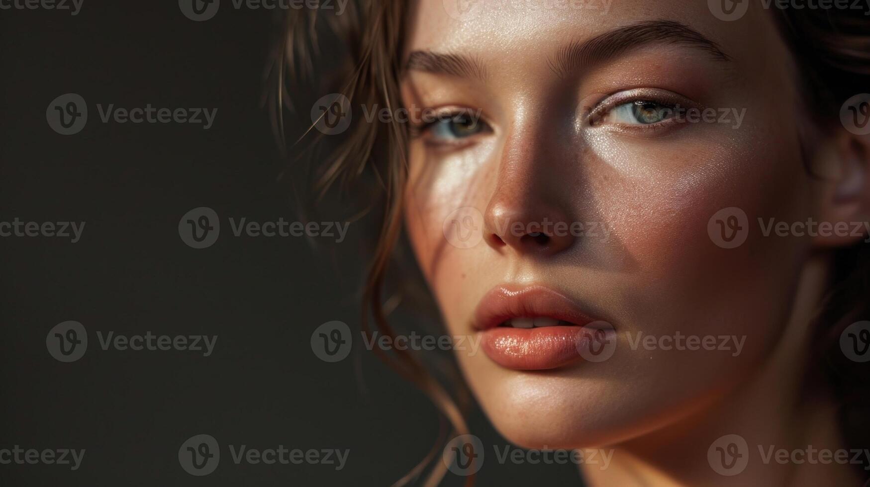 A portrait of a woman with a silky, smooth complexion, accentuated by a subtle shimmer of silken threadinspired highlighter. photo