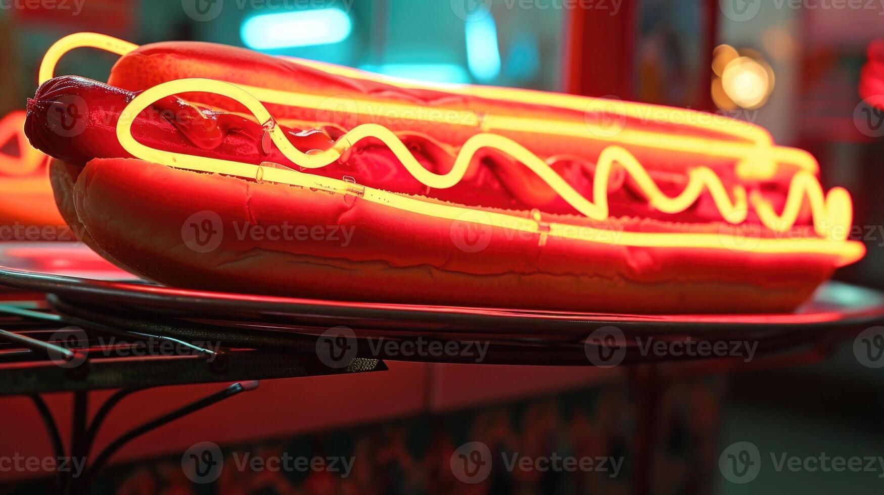 A neon sign of a big red neon hand holding a hot dog inviting customers to indulge in some clic American comfort food photo