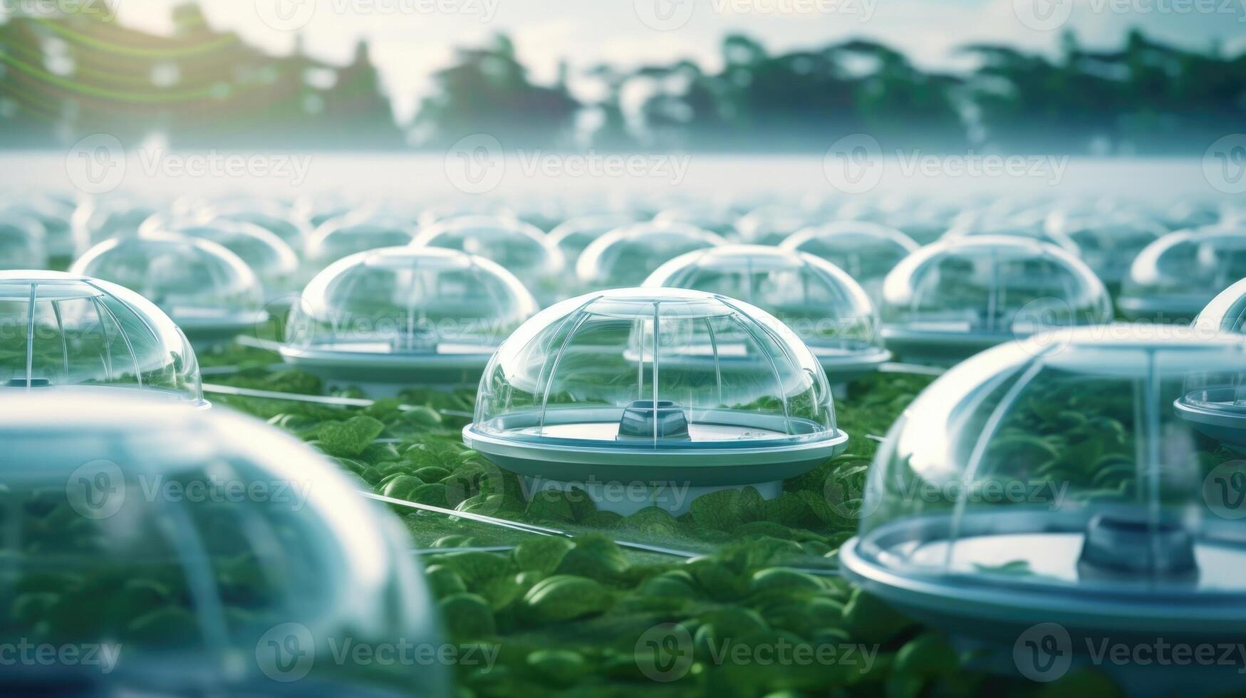 In a futuristic landscape, large glass domes house rows upon rows of embryo farming facilities, indicating the rapid advancement and widespread implementation of this technology. photo