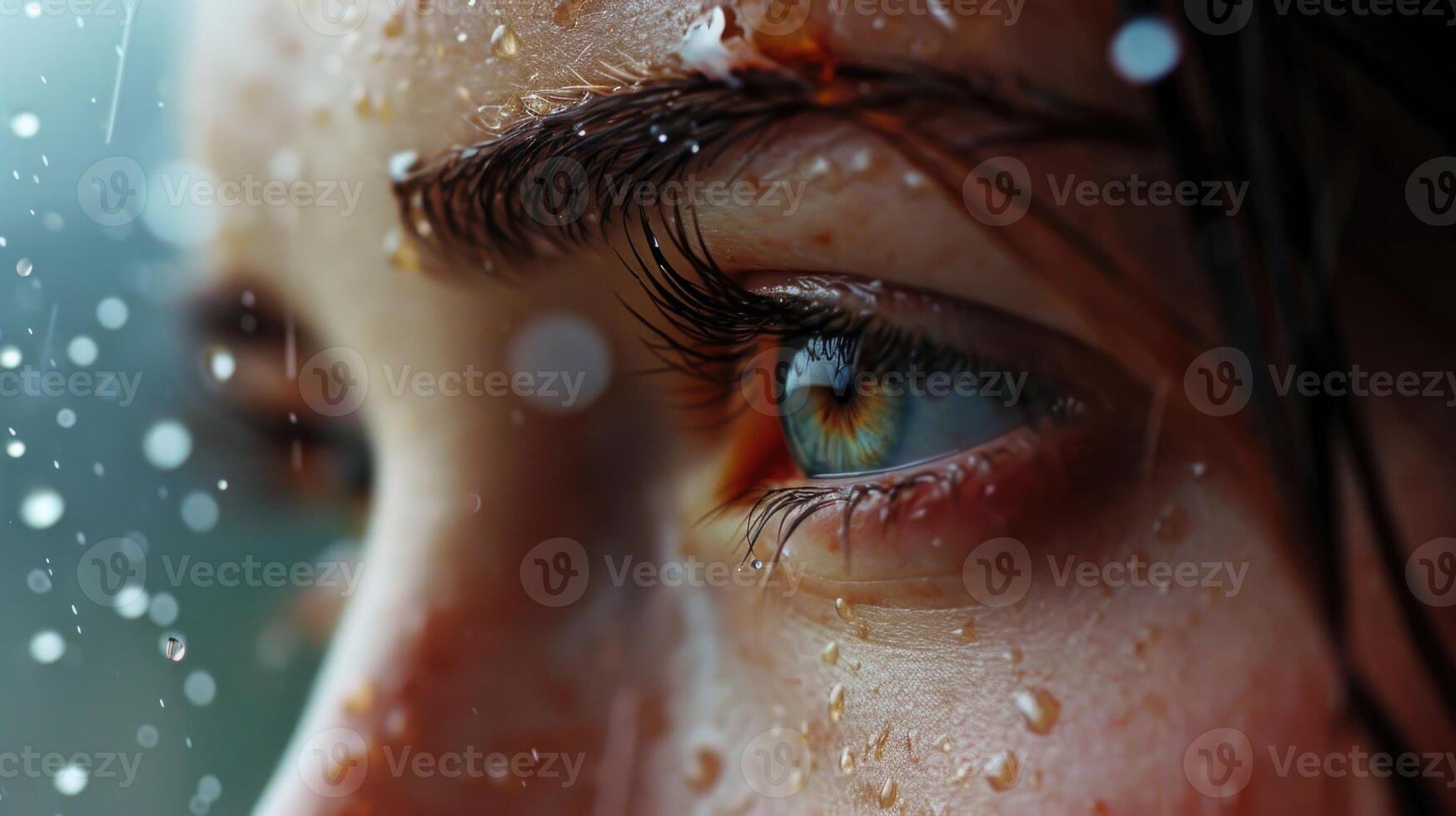 The raindrops fall perfectly in line with the womans eyelashes, making them appear longer and adding a romantic touch to the portrait. photo