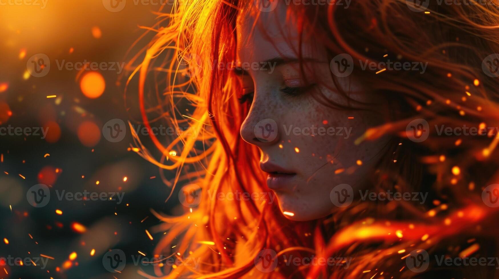 The mesmerizing sight of a woman with long, fiery red hair, her face bathed in the warm glow of the ember sparks that float around her. photo