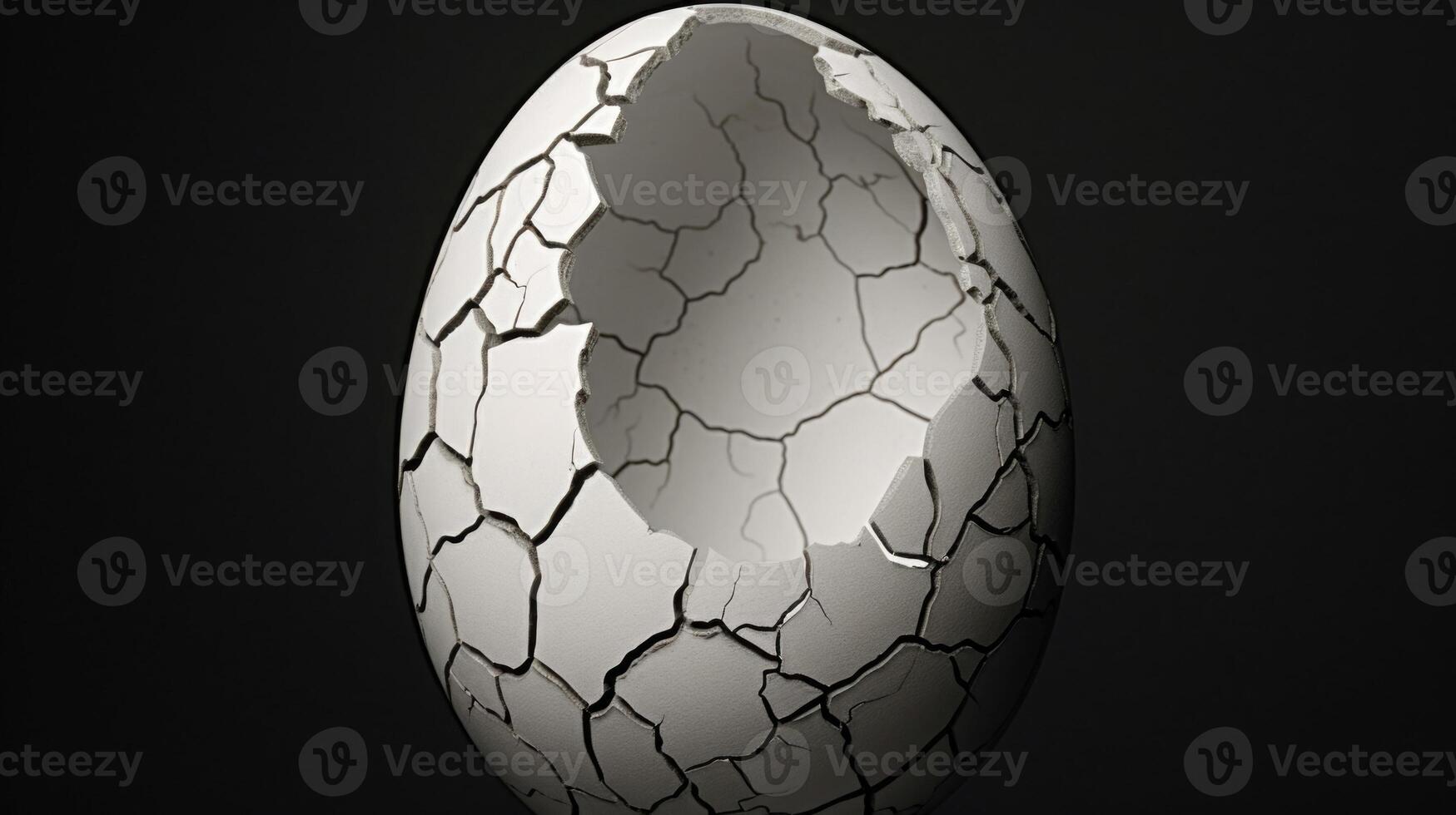 A black and white photograph of a cracked egg with a small, intricate sculpture of inside, symbolizing the fragility and potential of fertility. photo