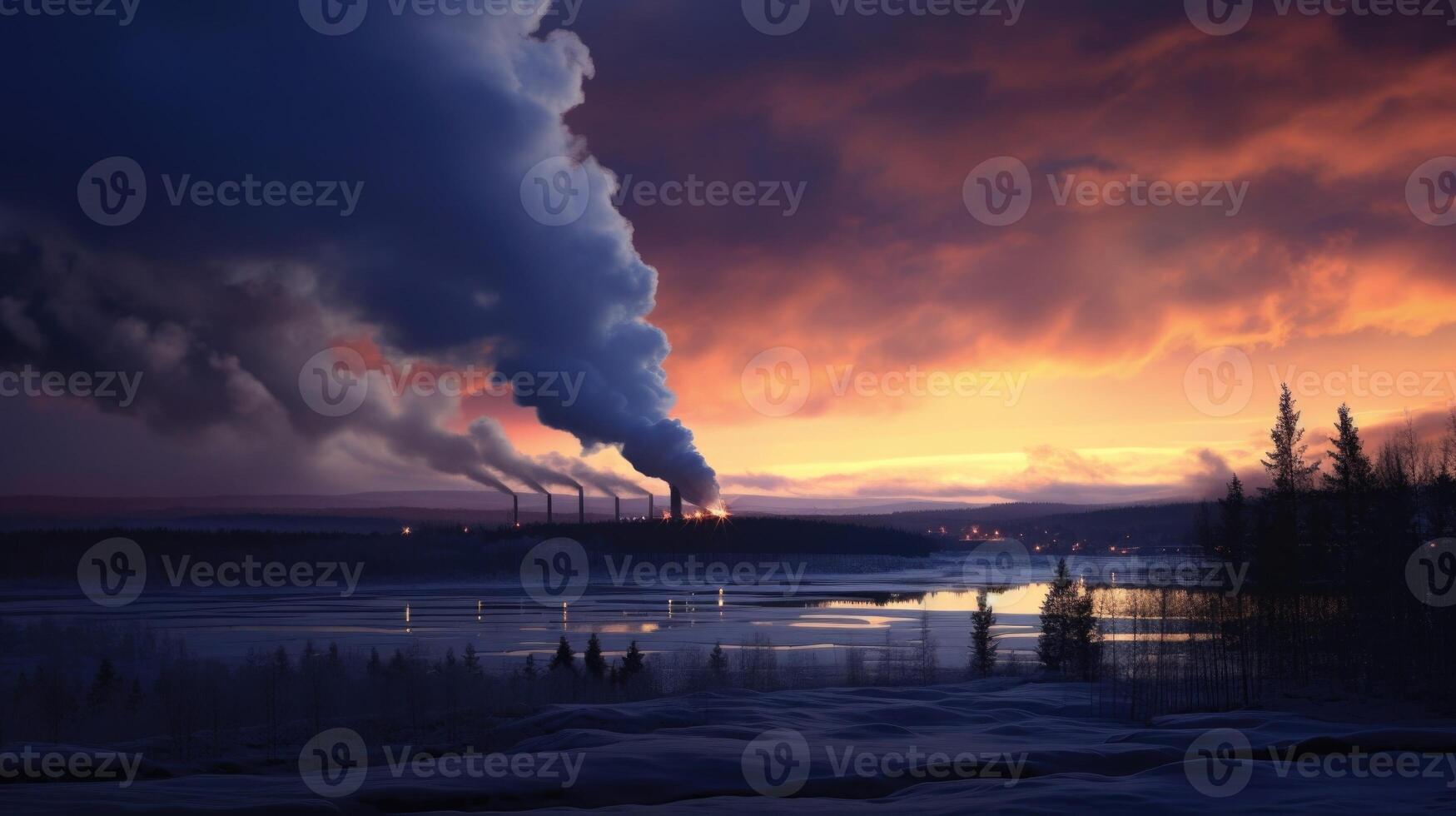 A mesmerizing scene unfolds as the factorys smoke intertwines with the deep purples and blues of the evening sky. photo