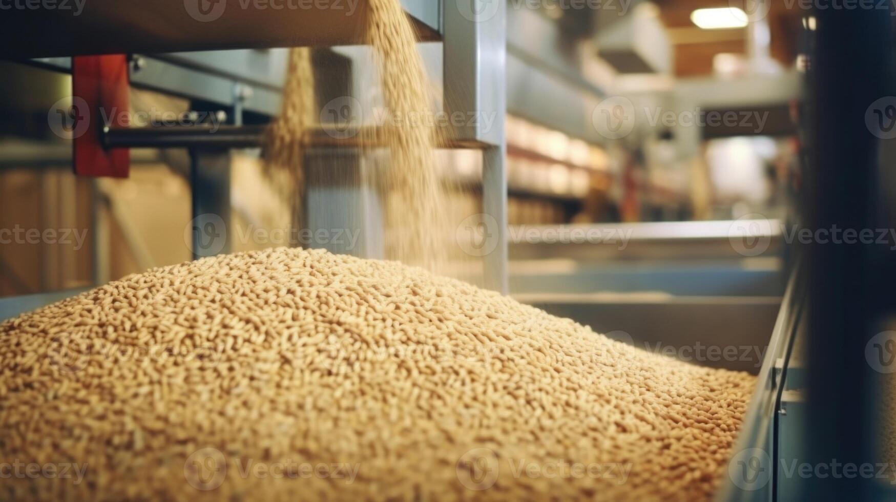 A busy feed mill hums with the sound of machinery as workers bag and package various types of feed, labeling them for specific animals and nutritional needs. photo