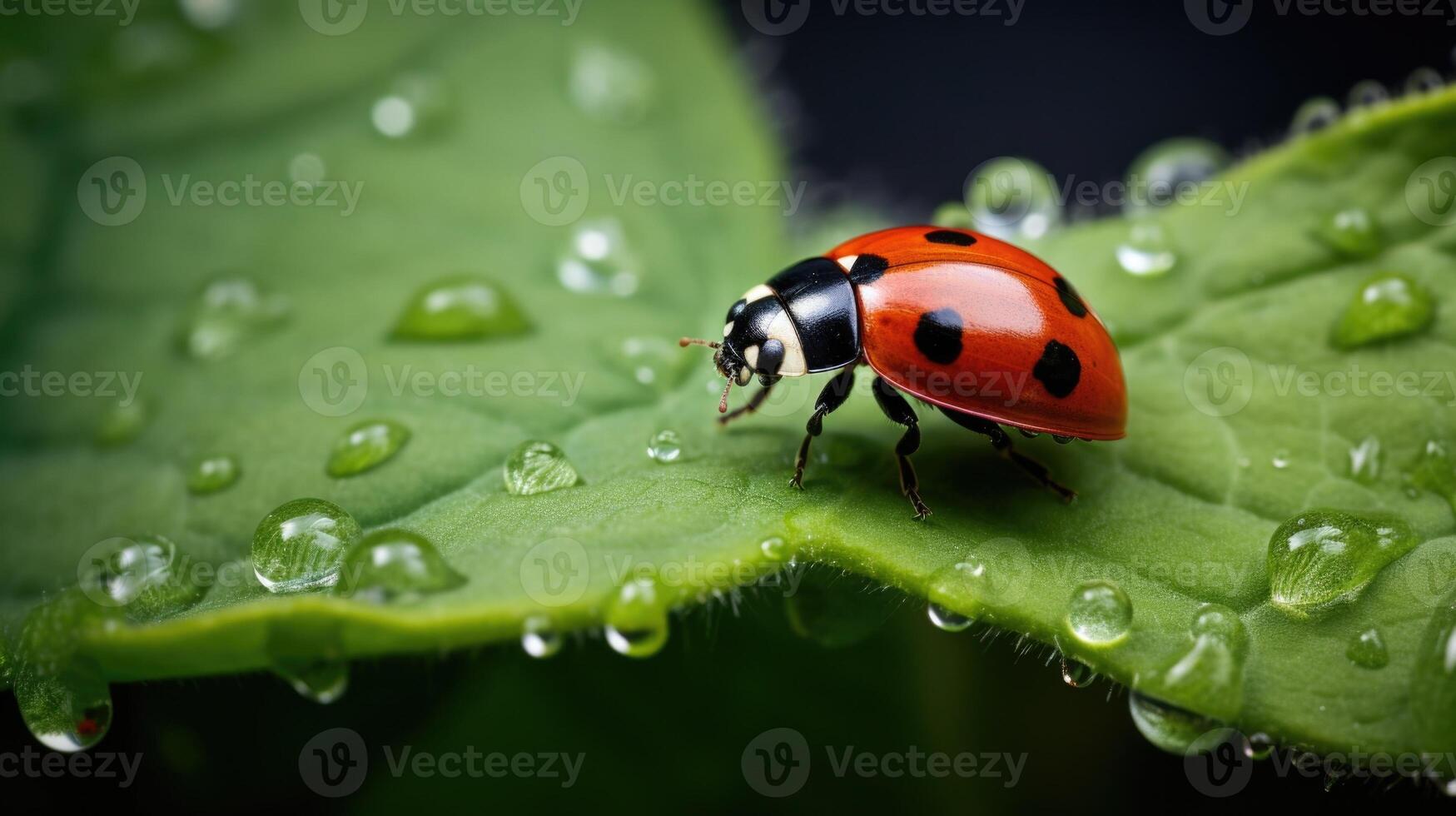 A macro shot of a ladybug crawling on a leaf, surrounded by tiny aphids. This showcases the use of natural predators for pest control in sustainable farming, eliminating the need for photo
