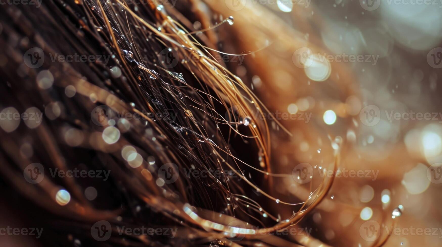 A womans hair closeup, with tiny droplets of rain clinging to each strand, enhancing the refreshing scent of a floral perfume. photo