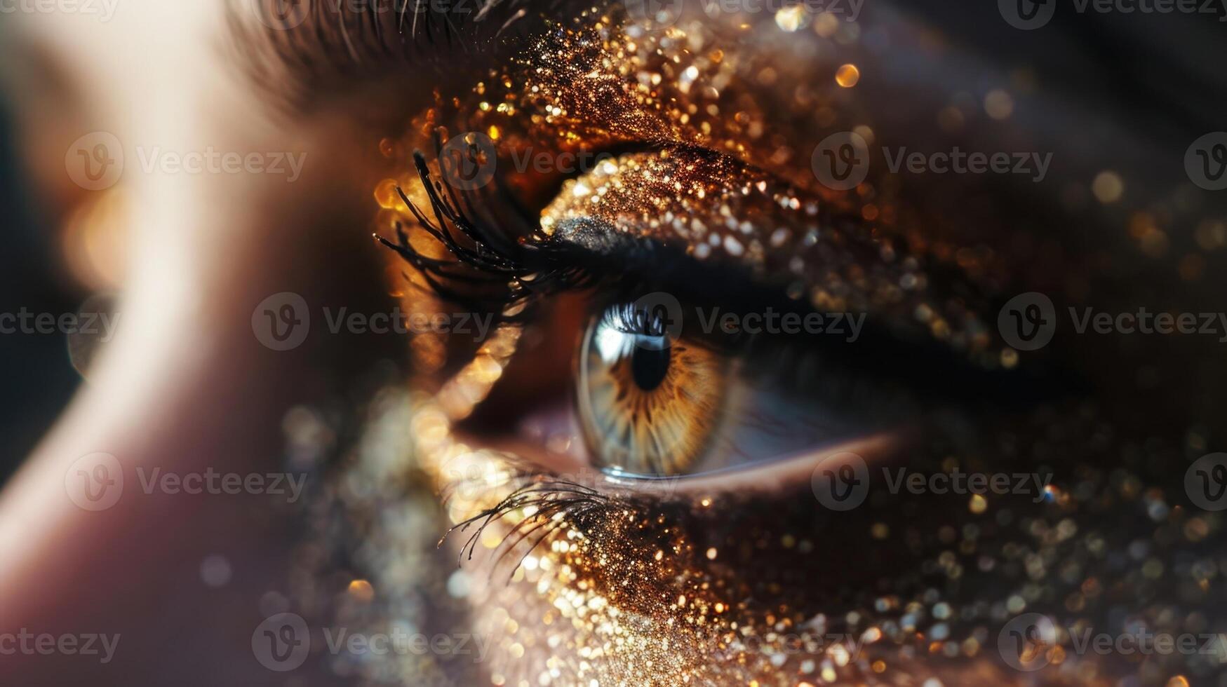 An extreme closeup of a womans eye, the velvet texture of her eyeshadow blending seamlessly with the glittering specks resembling stars. photo