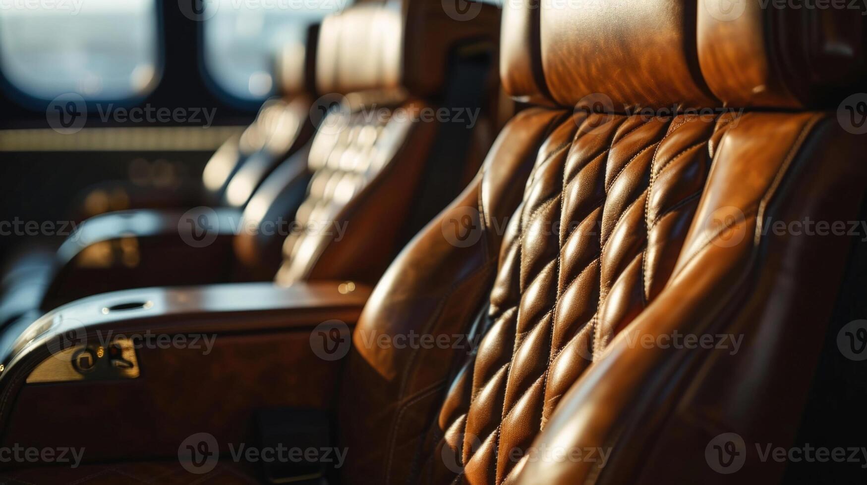 The fine craftsmanship of the intricate stitching on these leather seats speaks to the dedication and skill put into every aspect of this private jet, while the endless views of the photo