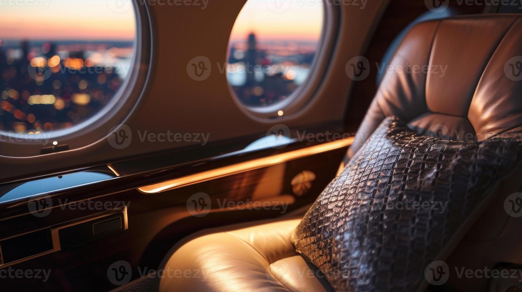 The combination of supple leather, intricate stitching, and a stunning cityscape outside the window make for the ultimate private jet experience, where every aspect has been carefully photo