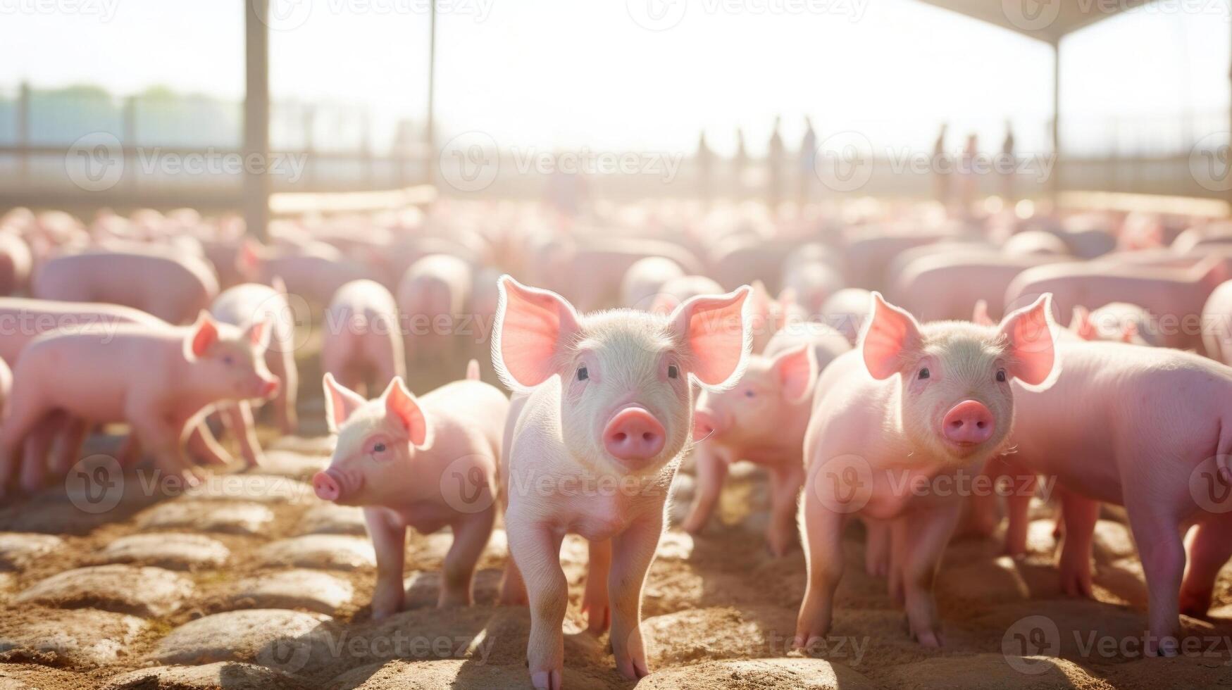 A massive, openair pavilion houses rows of sy, contented pigs, providing them with ample space to roam and protection from the elements. photo