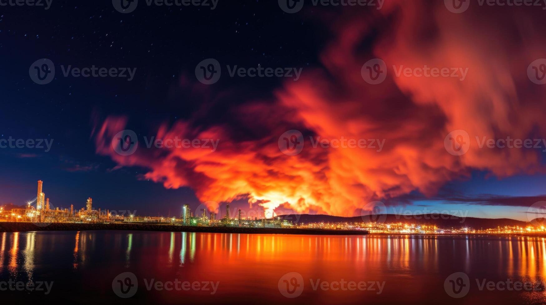 The night sky plays host to a fiery spectacle, as refinery flares burn bright and send billowing smoke into the air. photo