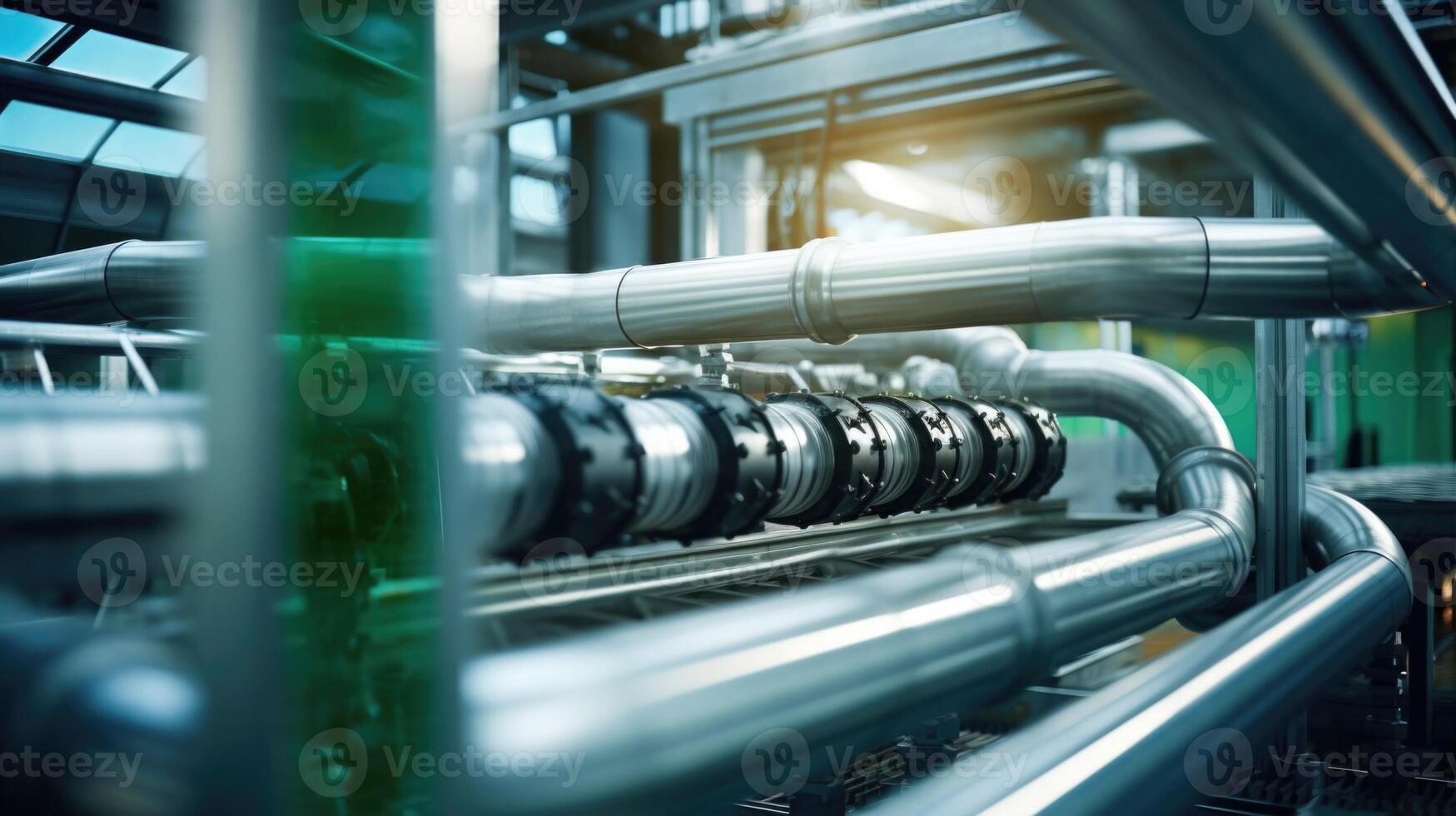 A closeup of large tubes and pipes running through a facility, showcasing the complex system that converts animal waste into biogas, an environmentally friendly alternative to traditional photo