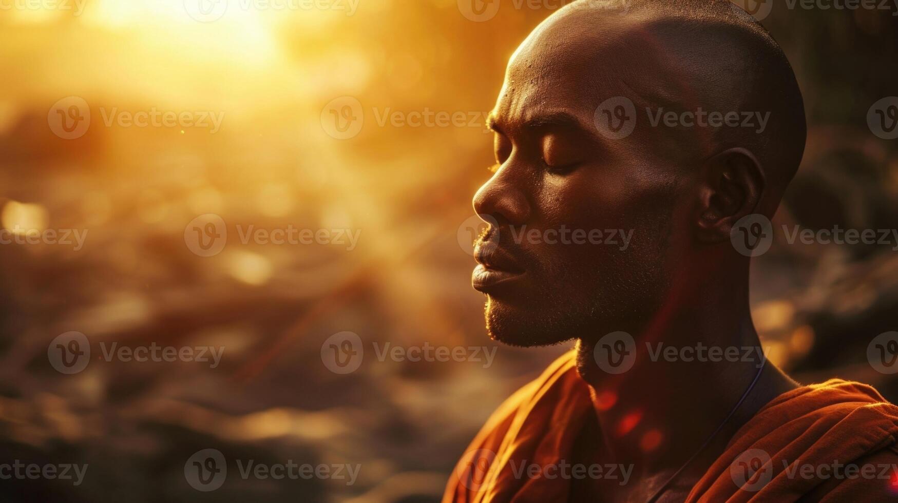 A ray of sunlight illuminates the meditators face, highlighting his peaceful expression and sense of inner tranquility. photo
