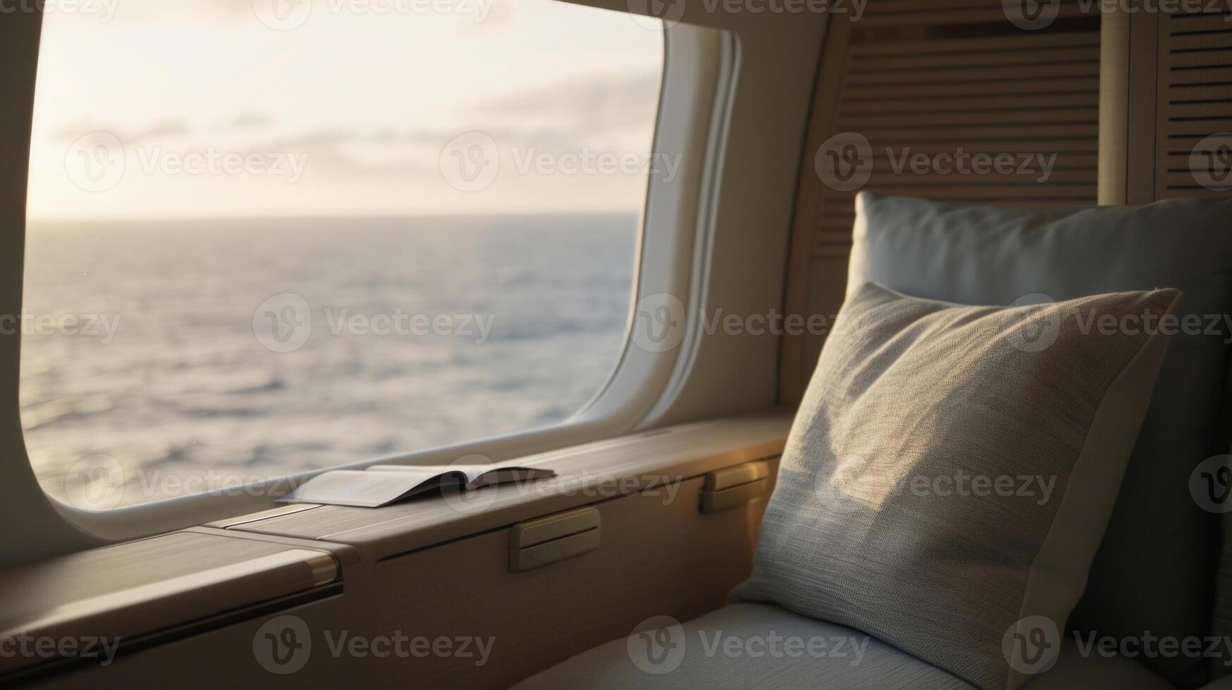 Experience the ultimate luxury in flight with a private reading nook featuring an uninterrupted view of the tranquil ocean horizon just beyond the planes window. photo