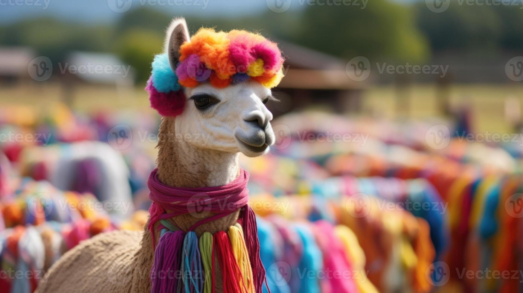 A sprawling llama and alpaca farm dotted with colorful barns and pastures, producing luxurious fibers for the textile industry. photo