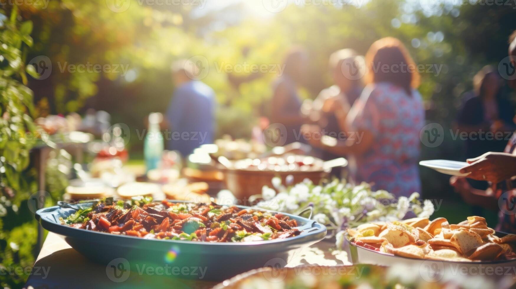 An outdoor community potluck, where dishes made from ingredients grown in the local community are shared and enjoyed by all. photo