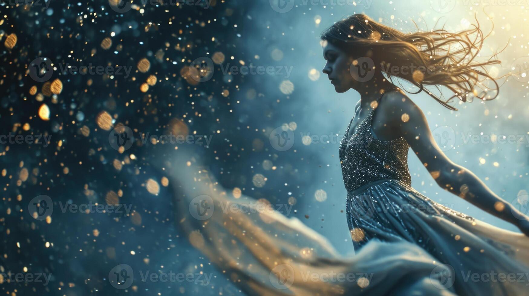 A woman in a flowing dress, surrounded by swirling particles as if she is conjuring them with her mind. photo