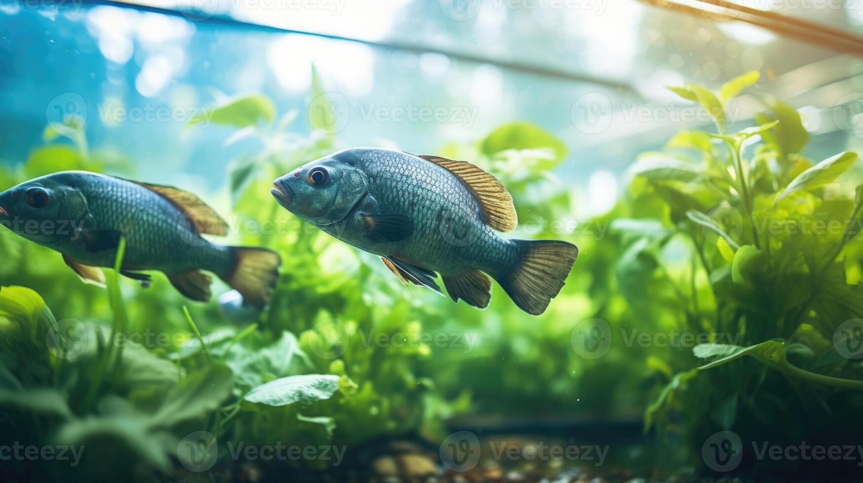 A closeup of a giant tank filled with tilapia and surrounded by lush greens, highlighting the efficient and sustainable od of combining fish and plant farming in a largescale aquaponics photo
