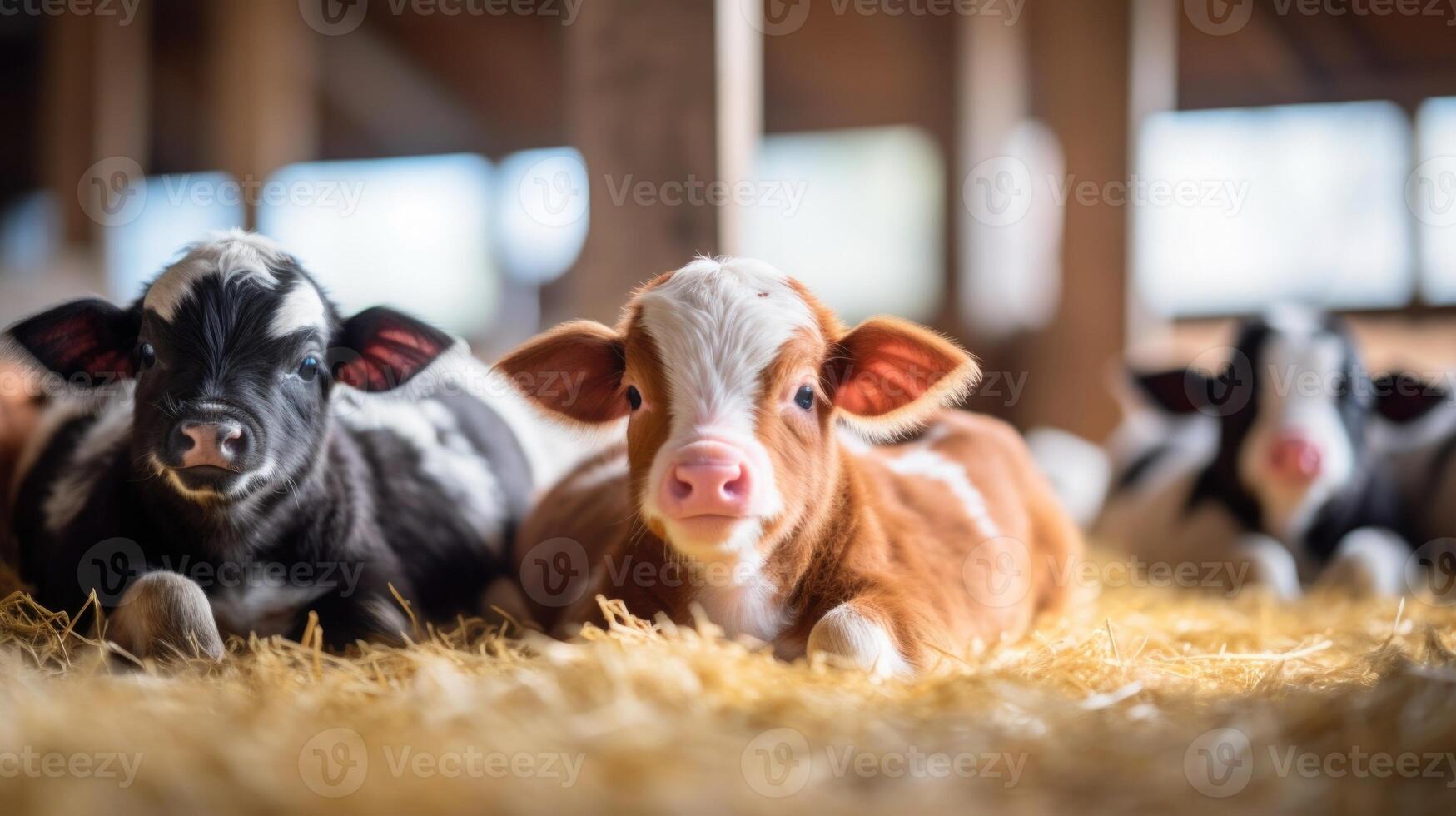 In a modern barn, a group of cows and pigs are comfortably lying in stateoftheart pens, thanks to the increased efficiency and improved genetics that come with using gender selection on photo