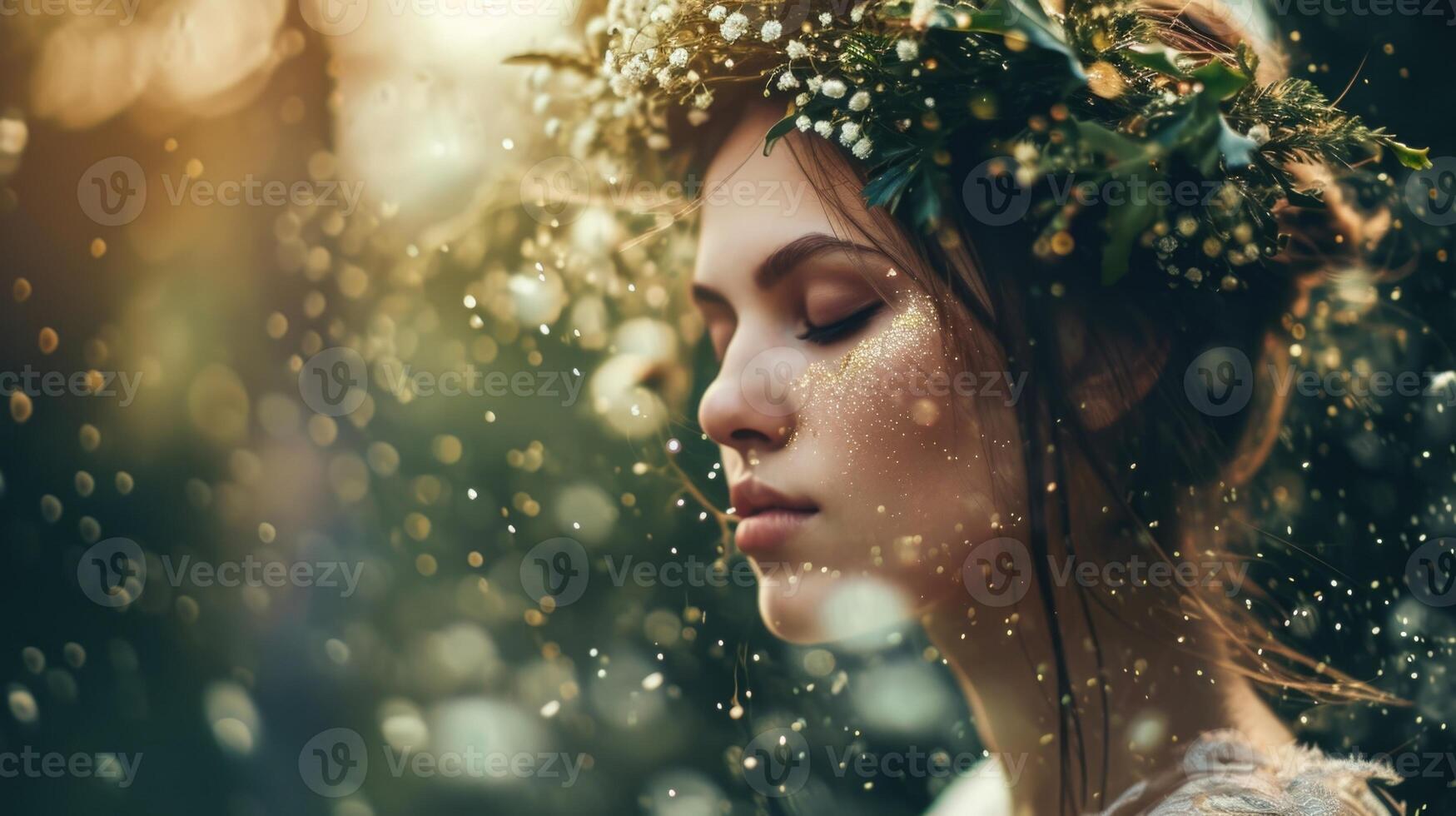 With a crown of delicate flowers on her head and fairy dust dancing around her face, this woman looks like she could be a mystical fairy princess. photo