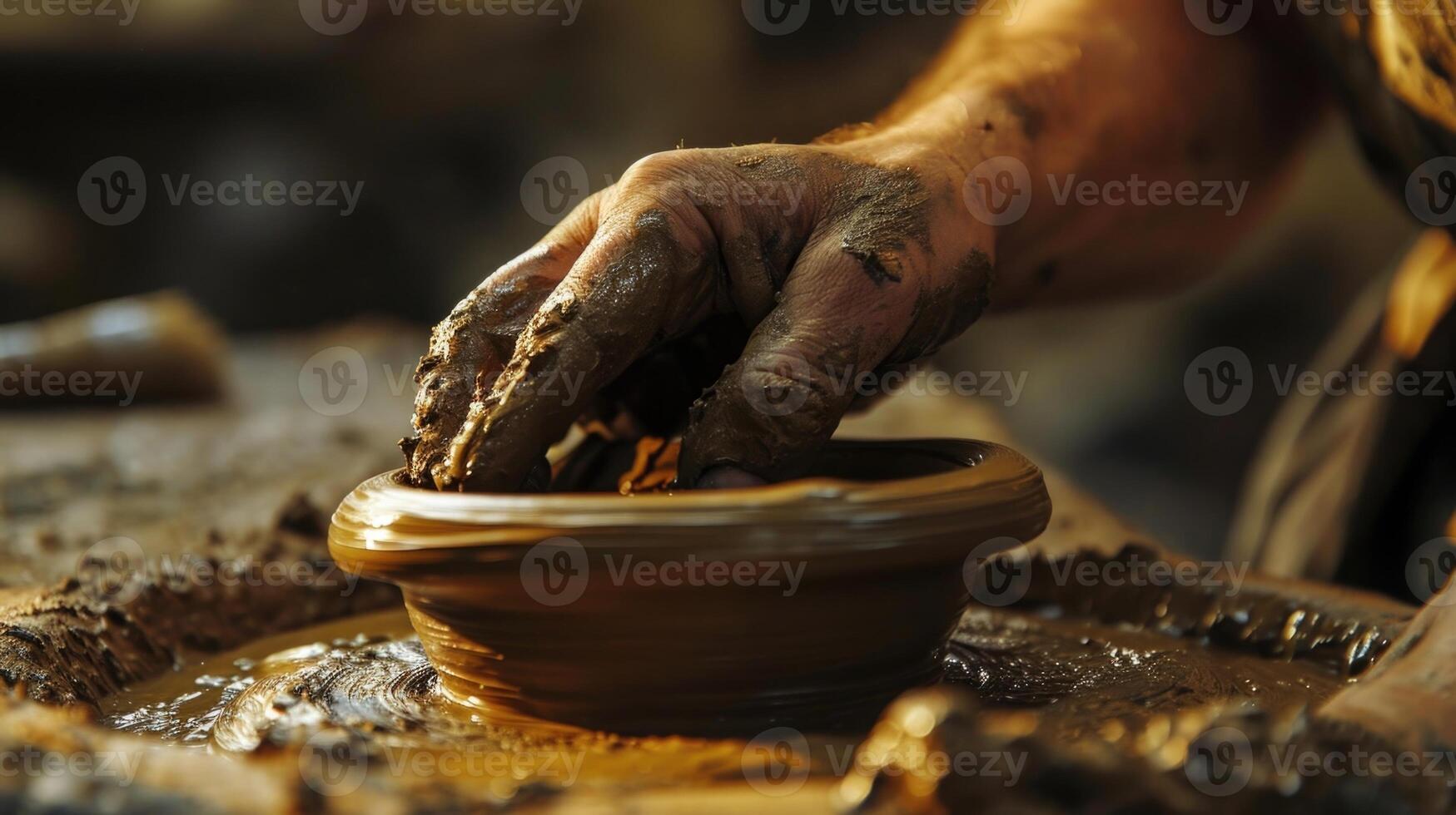 A potters fingers patiently press and smooth the surface of a clay vessel. photo
