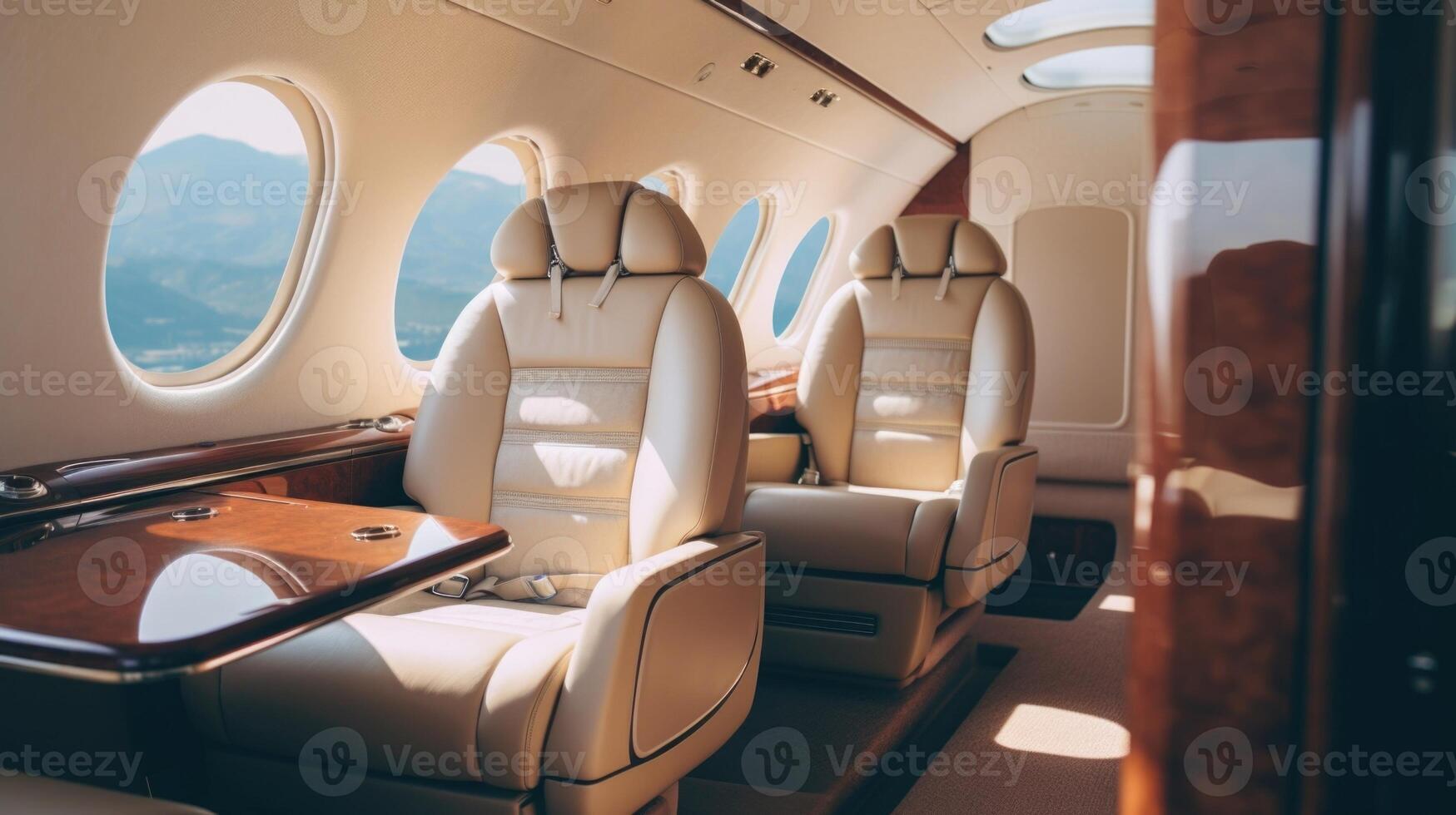 The private jets elegant interior is a stark contrast to the serene lakes passing by outside its windows, creating a unique and luxurious travel experience. photo