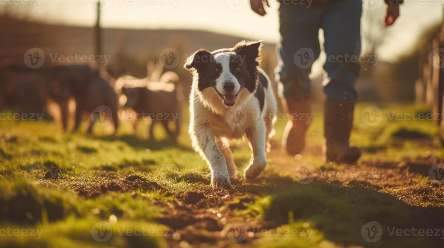 With whistles and precise commands, a farmer imparts his knowledge to a pair of eager working dogs, honing their skills on a rustic sheep farm. photo