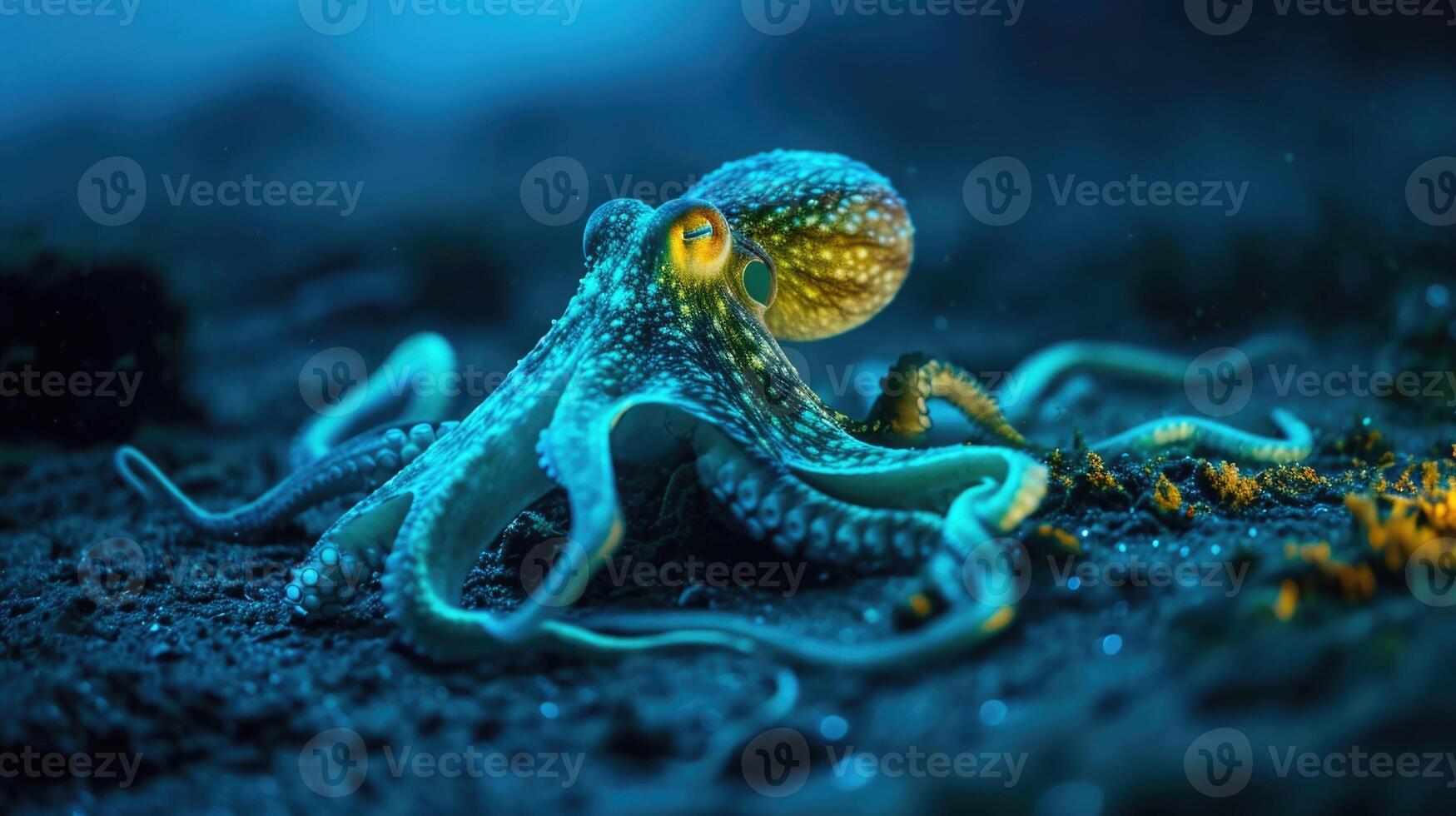 A neon yellow octopus crawls on the ocean floor its body glowing like a highlighter against the dark blue background photo