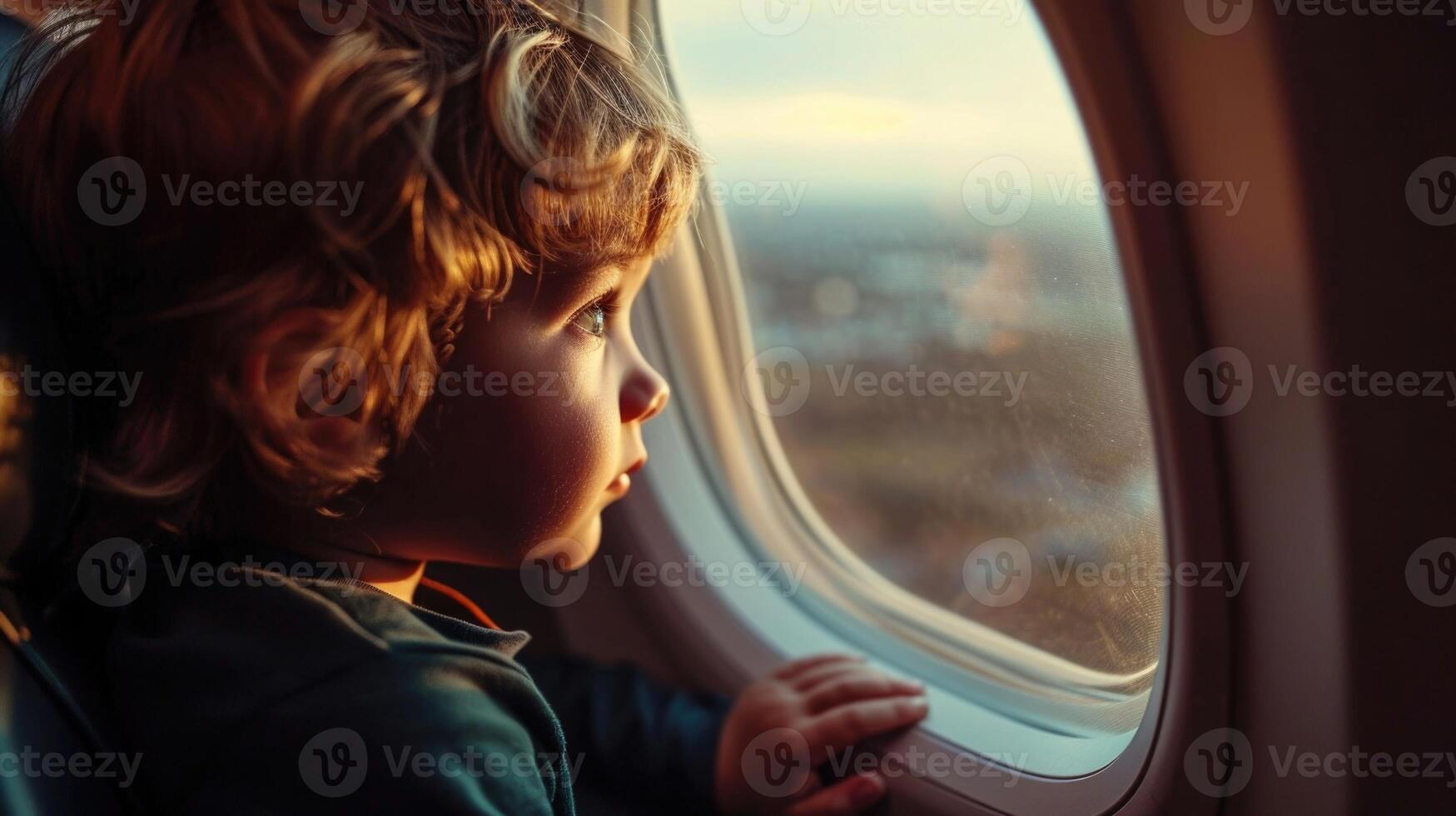 Amidst the tranquility of the private jet cabin, a child gazes out the window in awe, taking in the beauty of the natural landscape stretching as far as the eye can see. photo
