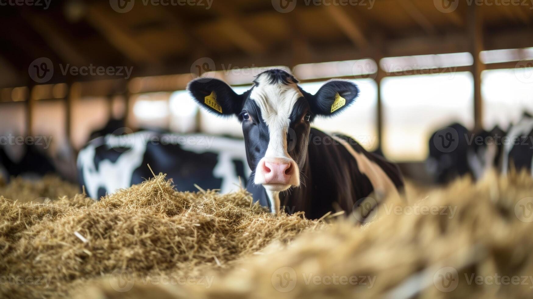 In a bustling barn, a cow enjoys a fresh bed of straw, made from the carefully composted manure of her fellow herd mates, as part of the farms sustainable manure management system. photo