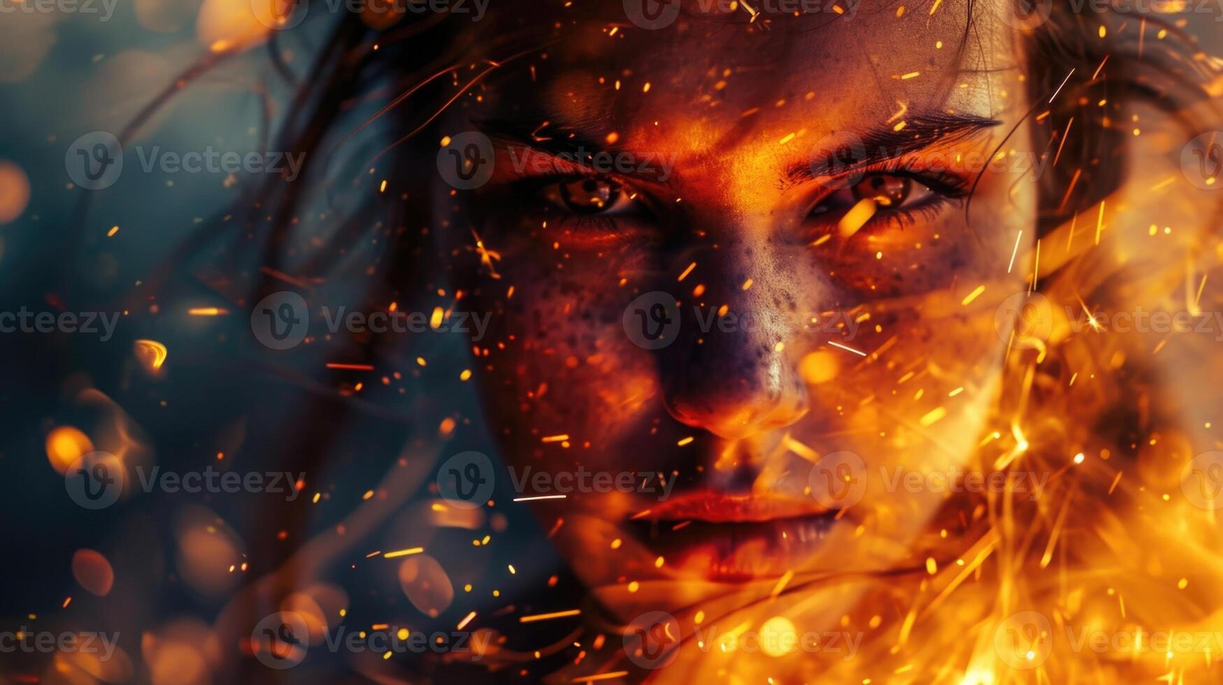 A closeup of a woman warrior with a serious expression, her eyes glowing with a fiery intensity. The sparks around her seem to swirl and dance, as if she is harnessing their power for her photo