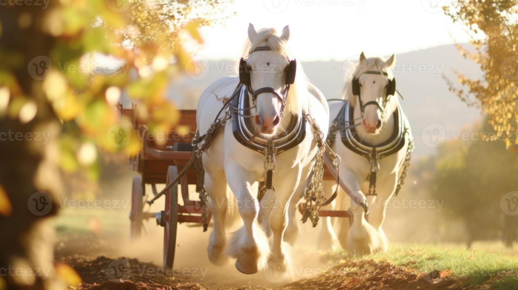 A trio of horses pulling a festive hayride through the autumn countryside, as families come to the farm to pick apples and participate in seasonal activities. photo