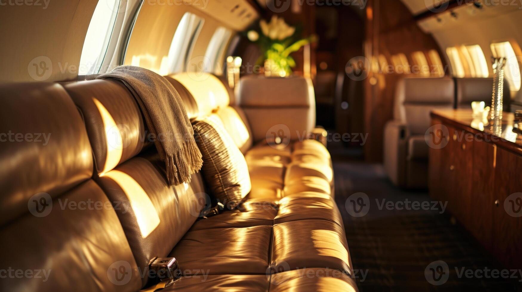 Take in the beauty of this private jets interior as you admire the carefully chosen art pieces illuminated by the suns rays shining through the window. A unique and elegant touch to any photo