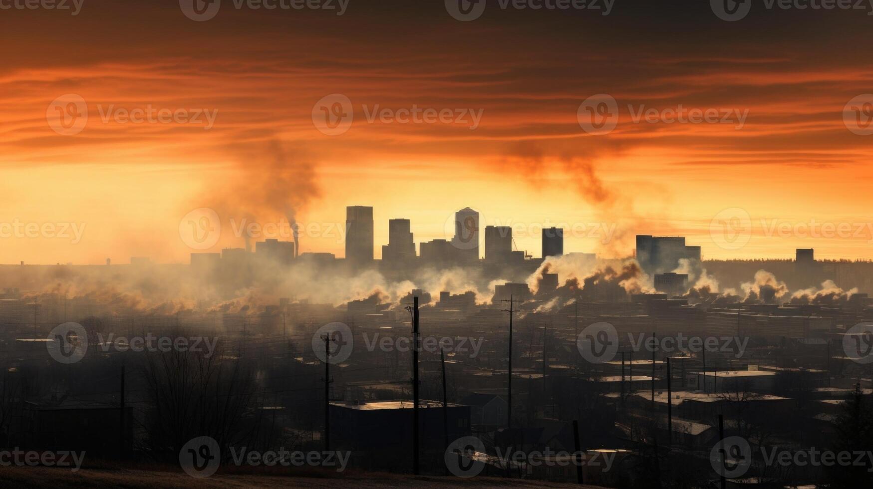 A skyline view of a city obscured by a layer of industrial smoke, giving the appearance of a city on fire. photo