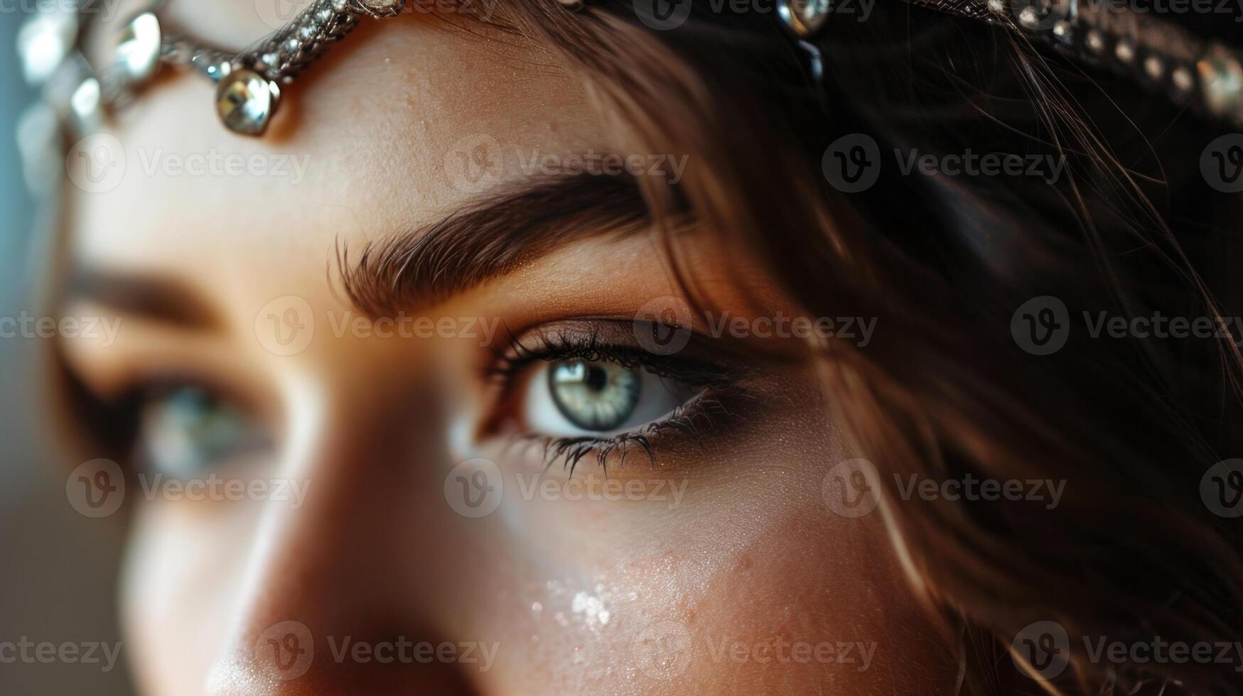 A darkhaired beauty with a gaze and a sparkling crystal headband. photo