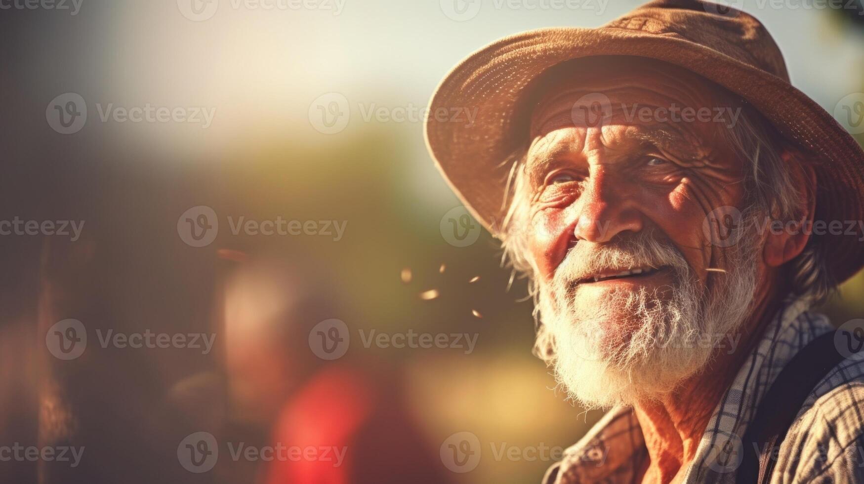 An elderly farmer inspecting his traditional farming techniques, passed down for generations, with pride and reverence. photo