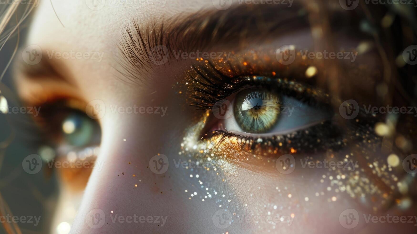 A mesmerizing closeup of a womans eyes, accentuated by fluttering lashes and delicate antique sparkles sprinkled around them. photo