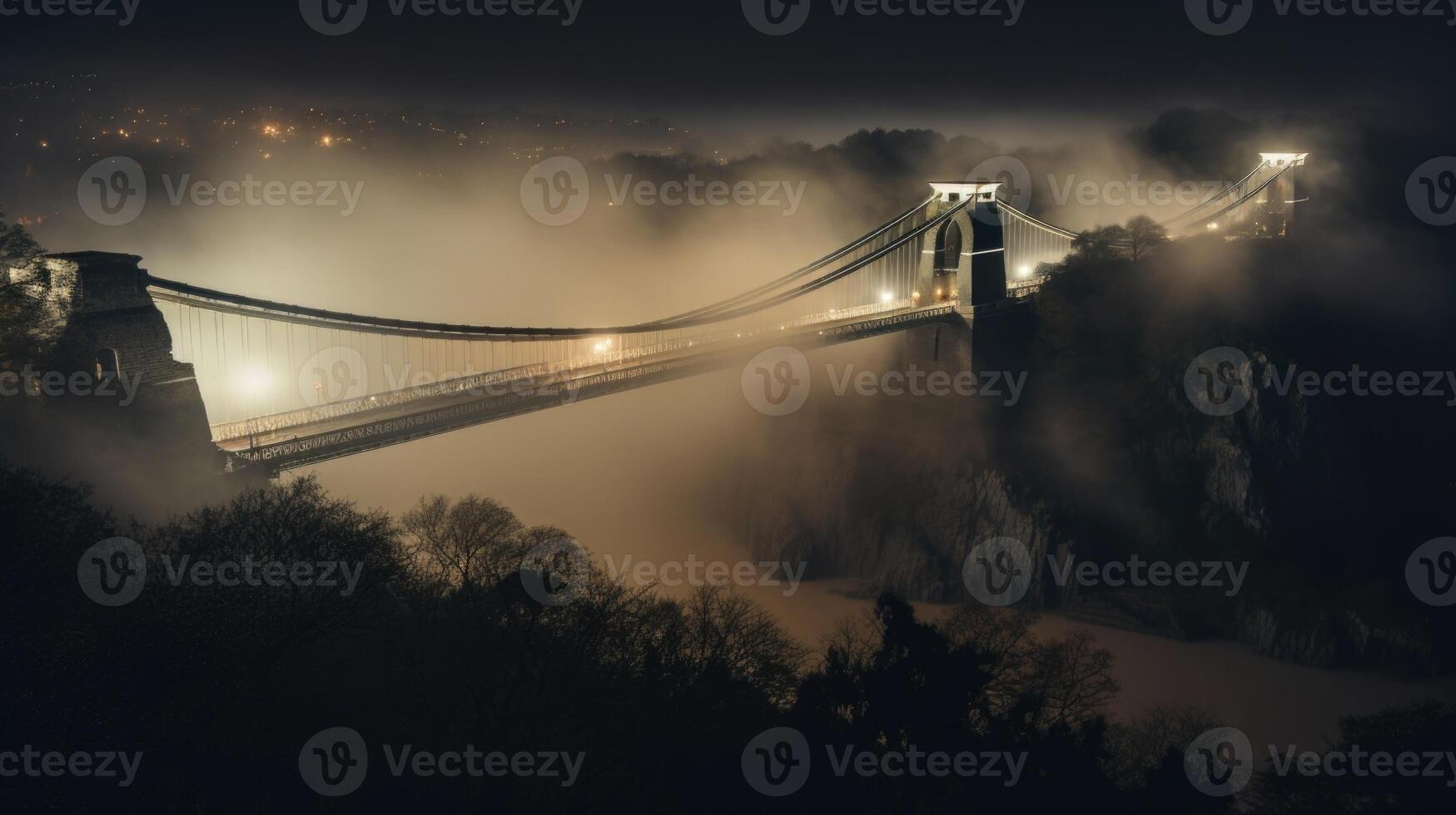 The eerie fog wraps around the Clifton Suspension Bridge, adding a haunting element to the already majestic structure. photo