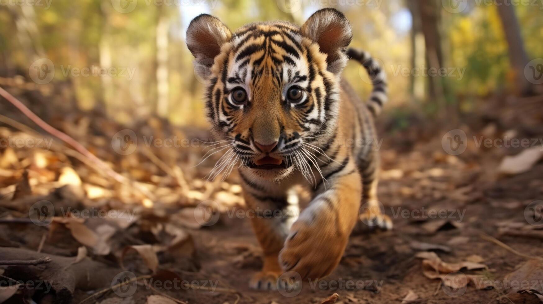 A closeup of a tiger cub playfully chasing its tail, taken by a camera , with an AI algorithm able to identify and classify the animals behavior and age based on its movements. photo