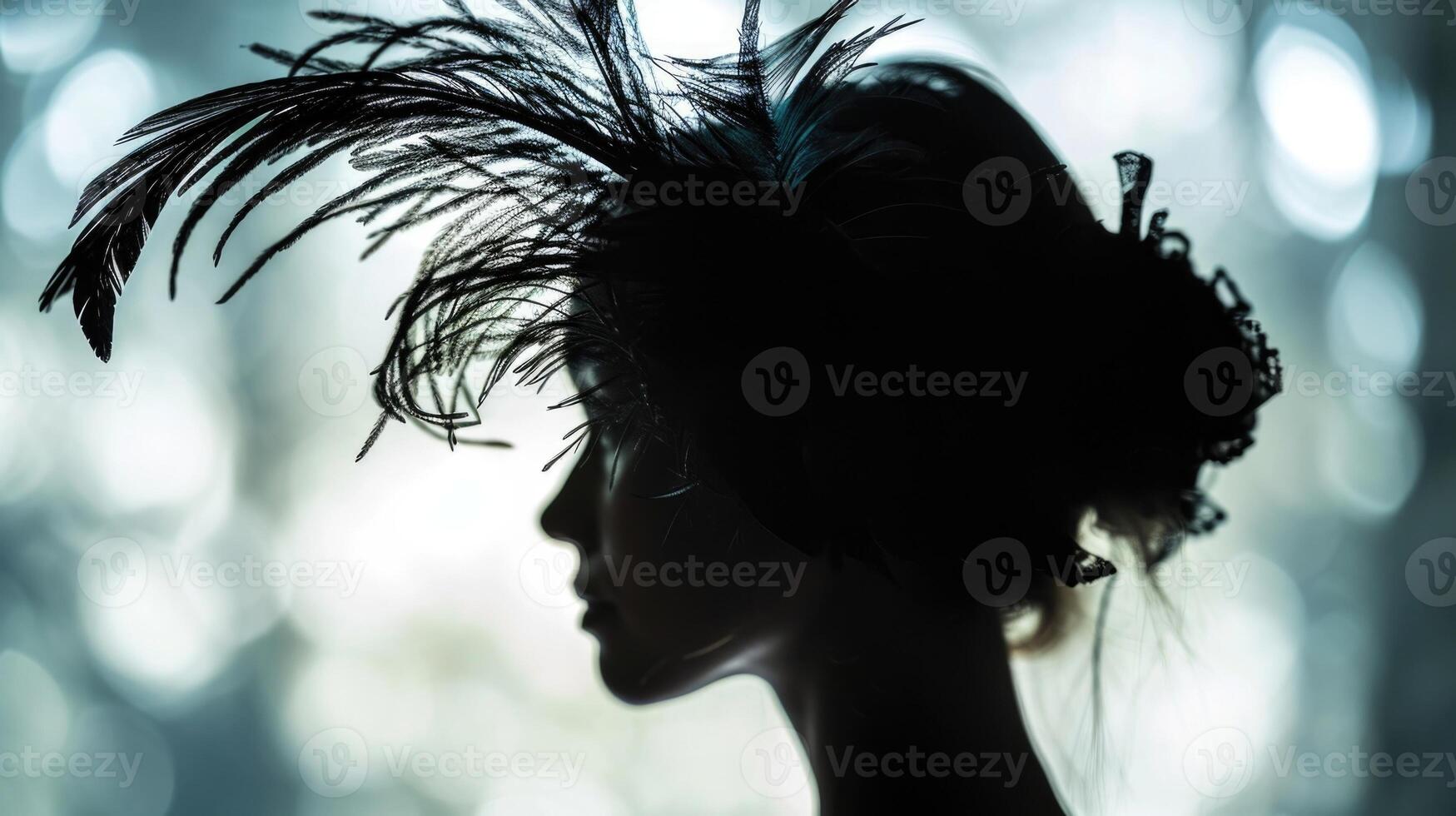A side profile shot of a womans face, with a bold pea feather headpiece p over her hair, providing a unique and captivating silhouette. photo