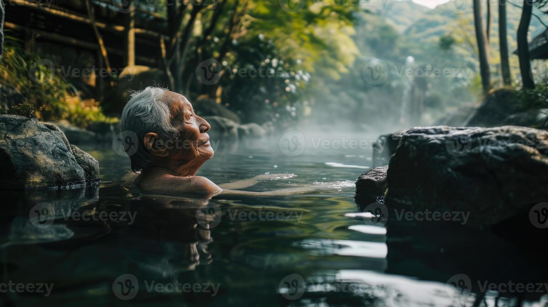 An elderly man peacefully soaking in a hot spring, relieved from joint pain and tension. photo