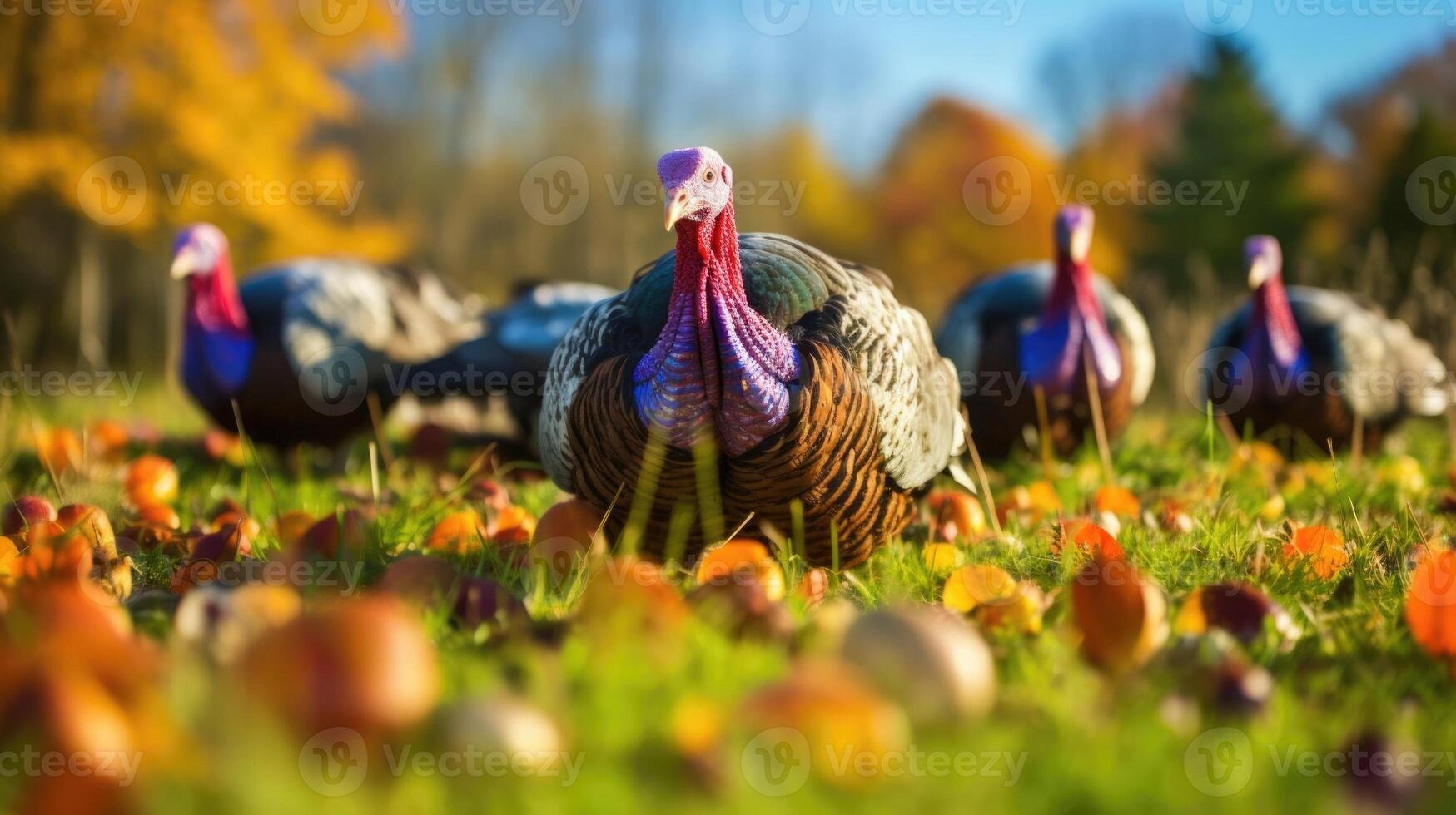 Vibrant, colorful plumage adorns the majestic turkeys as they explore their home on a sprawling farm filled with fresh grass and bountiful harvests. photo