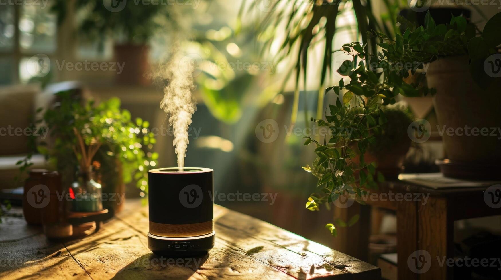 A diffuser emitting the refreshing scent of eucalyptus and lemon, creating a rejuvenating and invigorating atmosphere for meditation. photo