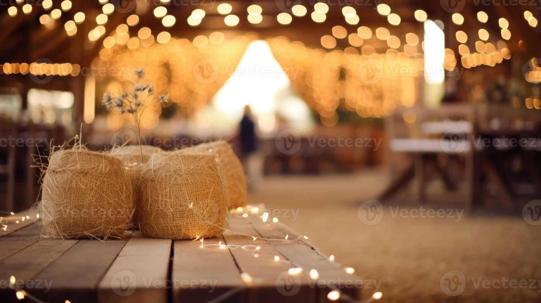 A community come together for a barn dance, with hay bales and string lights decorating the rustic space, to celebrate the successful harvest and share in a feast of homemade dishes. photo