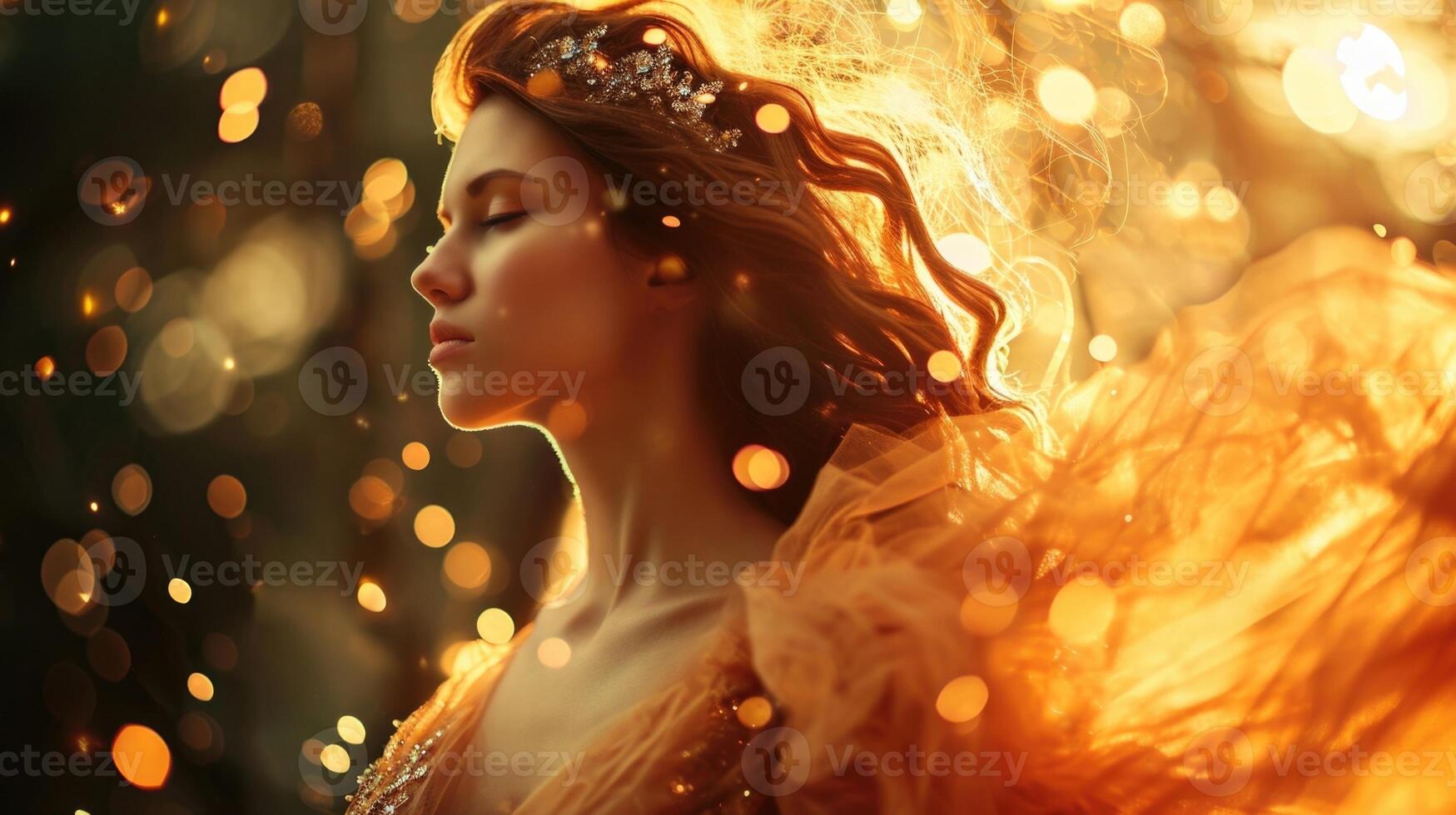 A woman wearing a gauzy, flowing dress in shades of gold and peach, her hair adorned with jeweled hairpins and her skin highlighted with a soft, golden glow from the sparks. photo