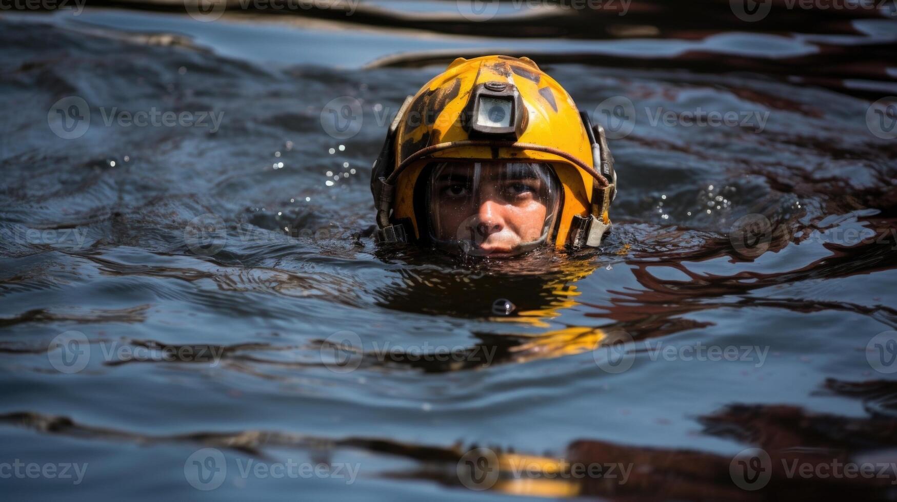 The calm, serene face of a rescue worker is mirrored in the tranquil waters as they carefully navigate through submerged debris to reach those in need of help. photo