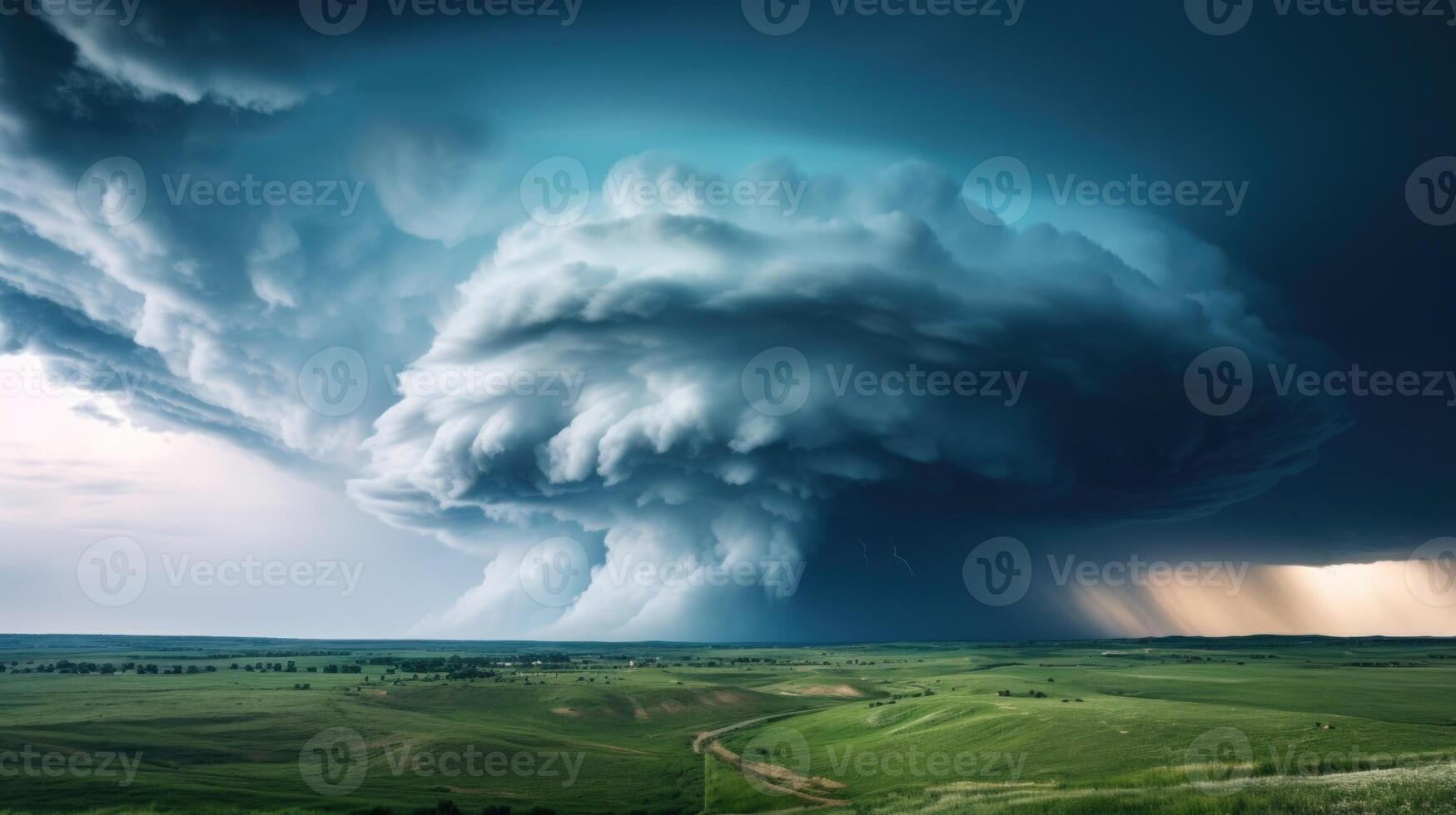 From high above, witness the electrifying force of a powerful thunderstorm spreading across a vast expanse of land. photo