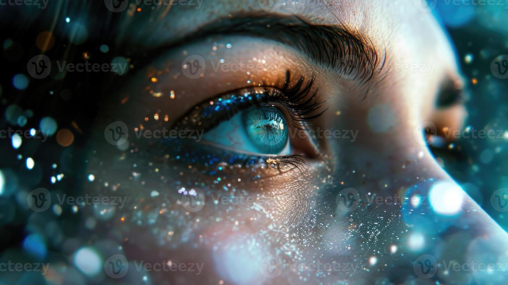 An intense closeup of a womans eyes, with a metallic sheen on her lids and a hint of blue glitter at the corners. As she peers through a window into the depths of space, she is surrounded photo