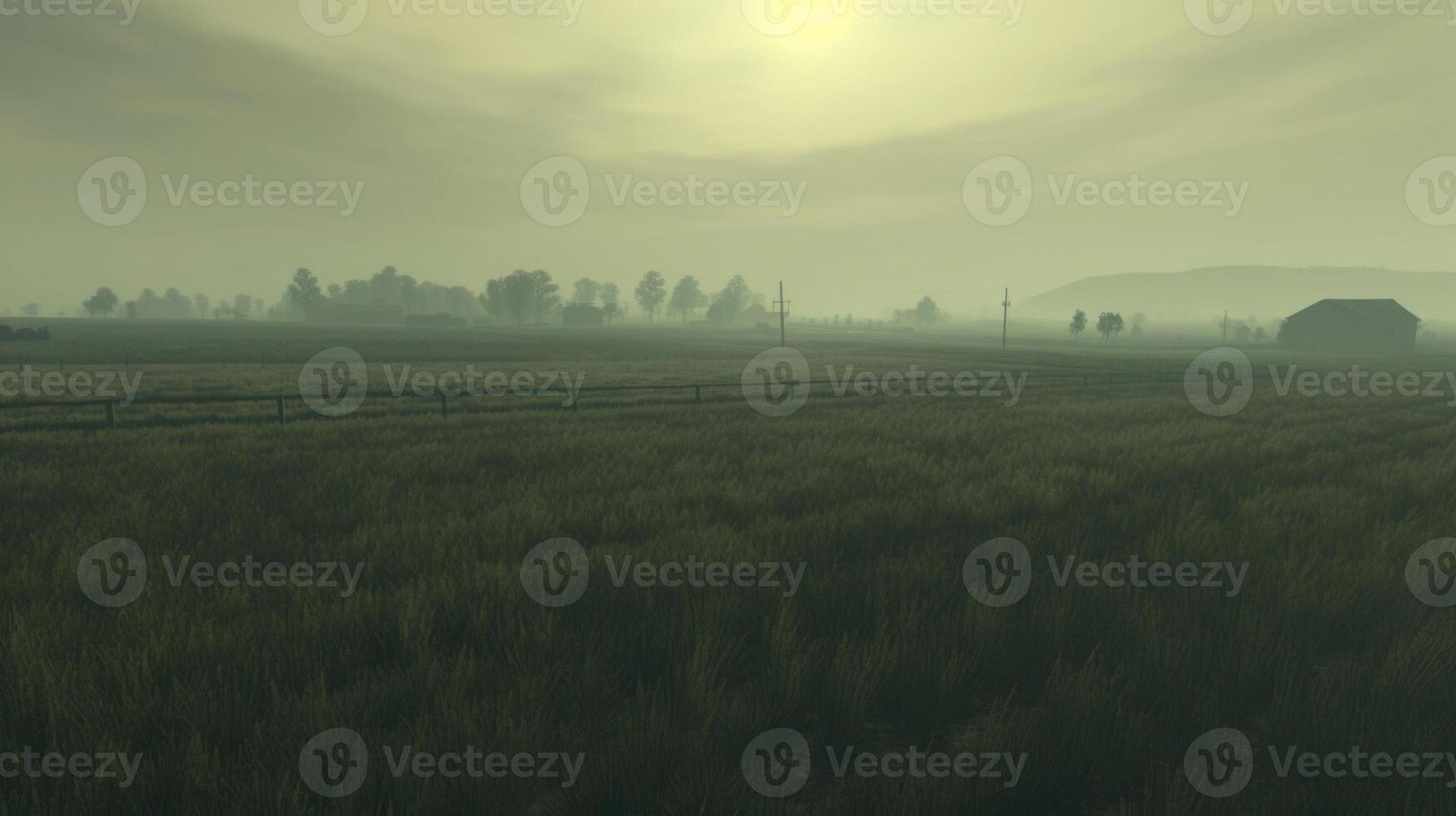 An eerie haze looms over the green fields, a cautionary reminder of the consequences of neglecting the environment for industrial gain. photo